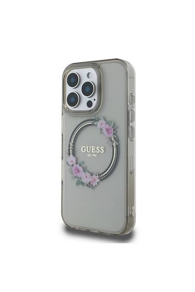 CG Mobile Guess Magsafe Iml Hard Case With Flower Wreath Design For iPhone 16 Pro Max - Black