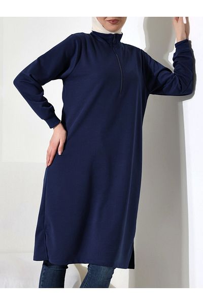 Modamorfo Half Zipper Slit Long Tunic - Navy