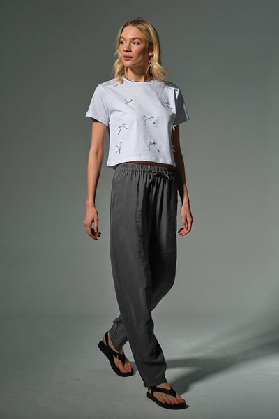 Domoda Anthracite High Waist, Non-Stick, Drapey Soft Lace-Up Elastic Carrot Women's Cupro Pants # Tavira