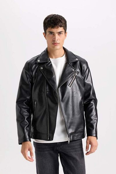 DeFacto New Season Slim Fit Slim Fit Polo Collar Lined Zippered Faux Leather Coat