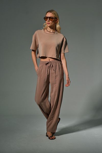 Domoda Beige High Waist, Non-Stick, Drape Soft Lace-Up Elastic Carrot Women's Cupro Pants # Tavira