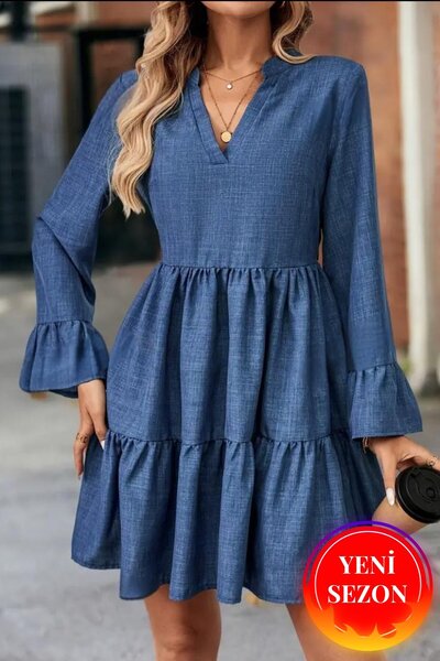 Moda Monisa Rochie de damă cu șnur de lungime midi – Rochie Sofia din in, cu decolteu în V și detaliu cu mâneci cu volane