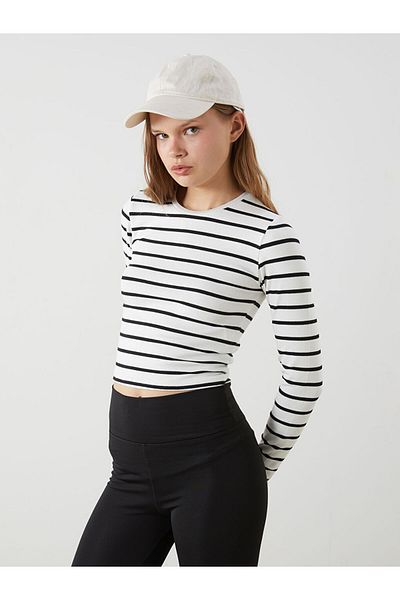 LC Waikiki Xside Ecru Crew Neck Striped Women's Crop