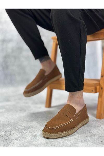 BOA Ba0359 Boa Natural Leather Powder Laceless Rubber Handmade Espadrille Sole Tan Color Men's Shoes