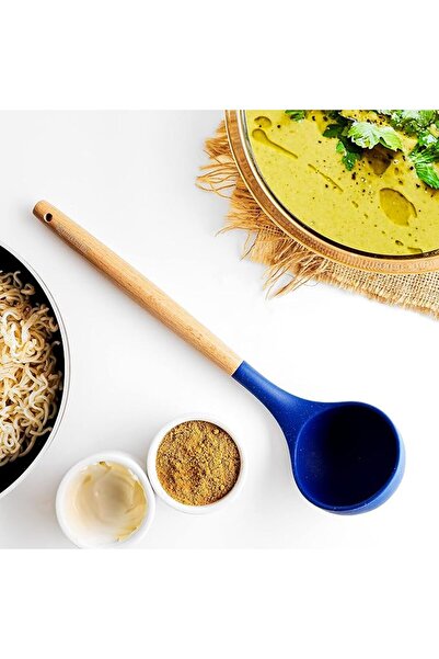 ROYALFORD Silicon Soup Ladle, Wooden Handle, RF10649, Non-Stick, Multicolor Kitchen Spoon