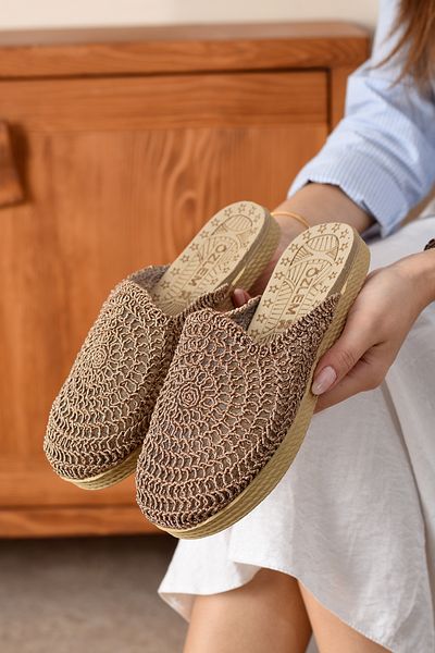 ICELAKE Samira Women's Slippers - Casual Comfort, Knitted Embroidered and Straw Vacation Dowry
