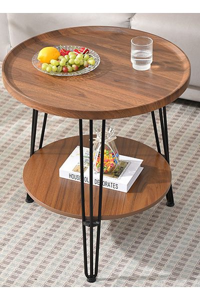 sharpdo Living Room Sofa Side Table Double Layer Small Coffee Table, Metal Frame, Brown Round Coffee Table