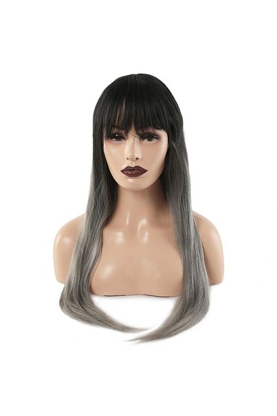Lisinya Fiber Synthetic Long Straight Bangs Wig - Black Gray Ombreli