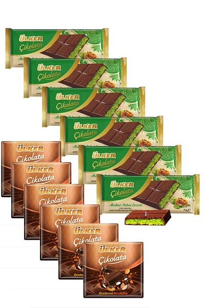 Ülker Dubai Chocolate 93 g X 6 Pieces and Honey Almond Croquet Square 60 g X 6 Pieces