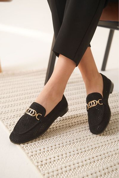 Artgoo Women's Black Perforated Daily Comfortable Stylish Detailed Oxford Masculine Soft Leather Loafer Ballet Shoes