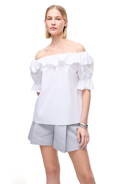 Perspective White Albas Regular Fit Low Sleeve Blouse