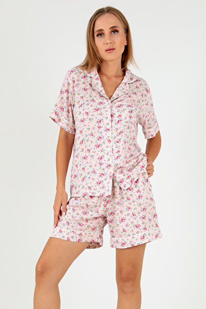 ZENCHES Ροζ φλοράλ κοντομάνικο γυναικείο σορτς πιτζάμα