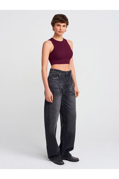 Dilvin 71783 Baloon Denim Trousers with Side Buckle Detail-Black