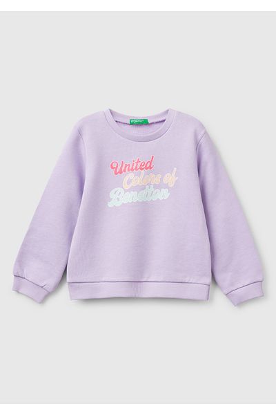 United Colors of Benetton Girl's Lilac Silvery Benetton Logo Printed Crew Neck Sweatshirt