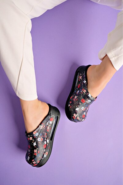 SABOTERLİK Flower Patterned Air Sole Wedge Heels Orthopedic Hospital Nurse Women's Slippers