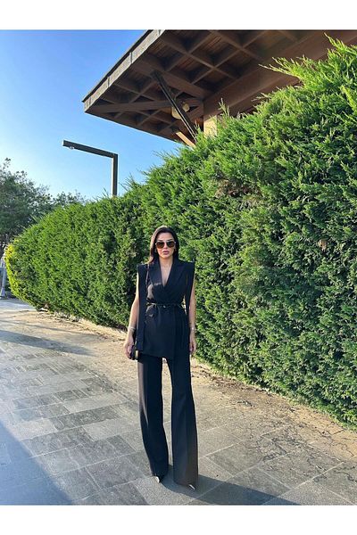 Ekim Store Set de pantaloni cu vestă și blazer cu curea dublă