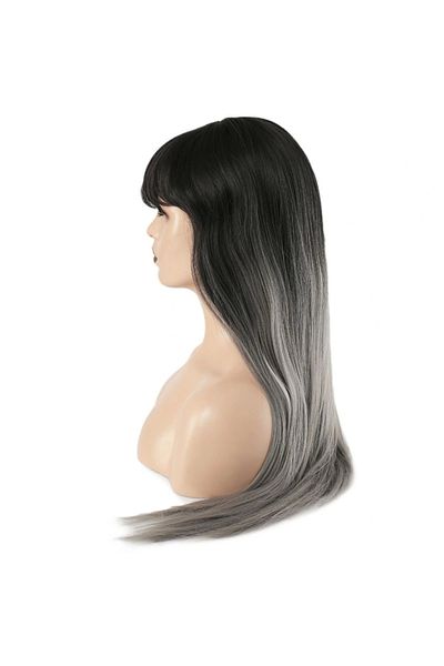 Lisinya Fiber Synthetic Long Straight Bangs Wig - Black Gray Ombreli
