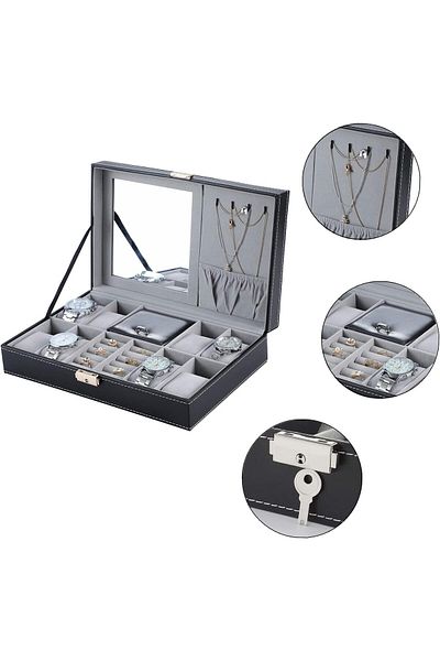 COOYA Watch and Jewelry Box,Watch Display Case Organizer,PU Leather with Mirror and Lock,for items