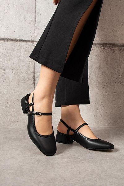 ShoeTek Women's Heeled Ankle Strap Black Leather Ballerinas