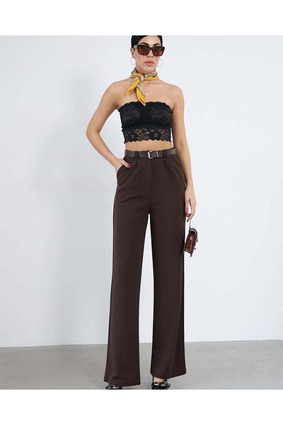 HARMONY GLOBAL 3851 Model with Detailed Ornecle and Fabric Belt with Brown Lycra Women's Trousers