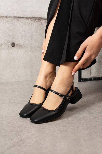 ShoeTek Women's Heeled Ankle Strap Black Leather Ballerinas