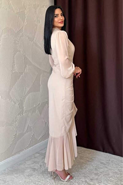 MODA DURAĞI şifon draeli yırtmaçlı dik yakalı elbise