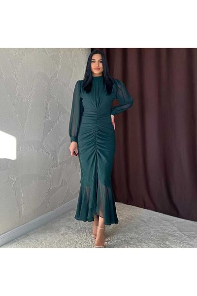 MODA DURAĞI Chiffon Draeli Slit Stand Collar Dress