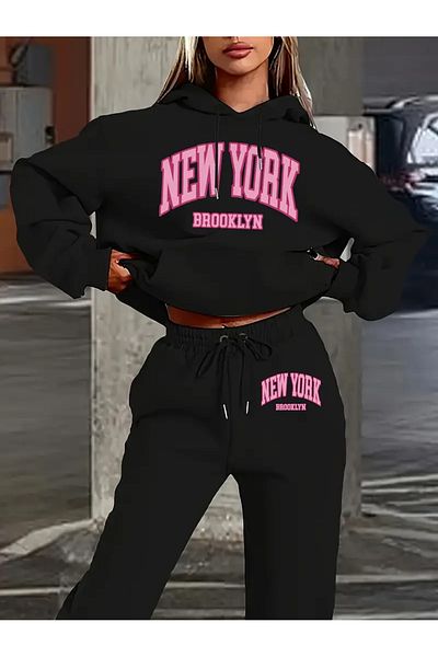 NEW TRENDY COLLECTİON Two Piece Set, Newyork Pink Letter Print, Long Sleeve Hooded Sweatshirt and Pants