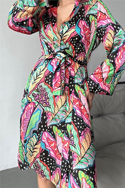 COCCOLARSI Modern Yaprak Desen Baskılı Belden Bağlama Saten Kimono / Sabahlık
