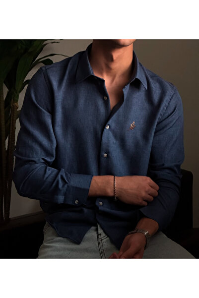 town walker Erkek Keten Oversize Uzun Kollu Nakışlı Mevsimlik Gömlek