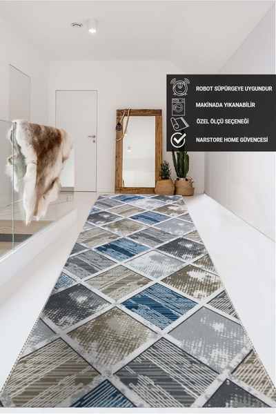 NaRStore Home Gri Mavi Kahve Kaymaz Taban Yıkanabilir Kesme Yolluk Salon Mutf...