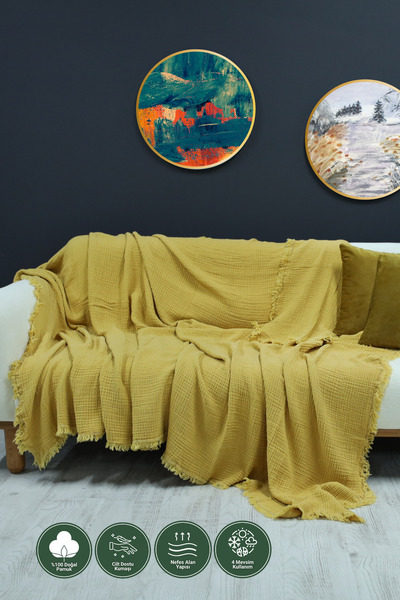 OTEXSA غطاء أريكة موسلين مزدوج الجوانب من 4 طبقات بلون الخردل (200 × 220 سم)