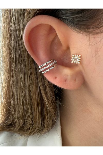 Pinery Jewels 3 Row Zircon Stone Brass Plated Women's Cartilage Earrings