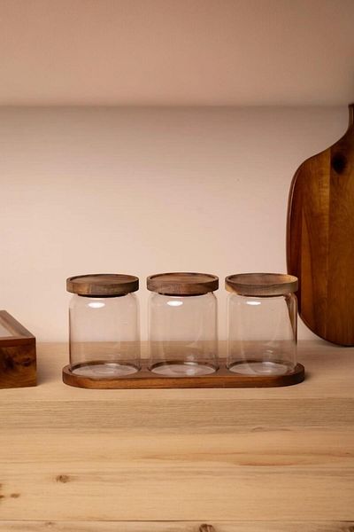 mightpera Acacia Set of 3 Glass Jars with Lids and Stand