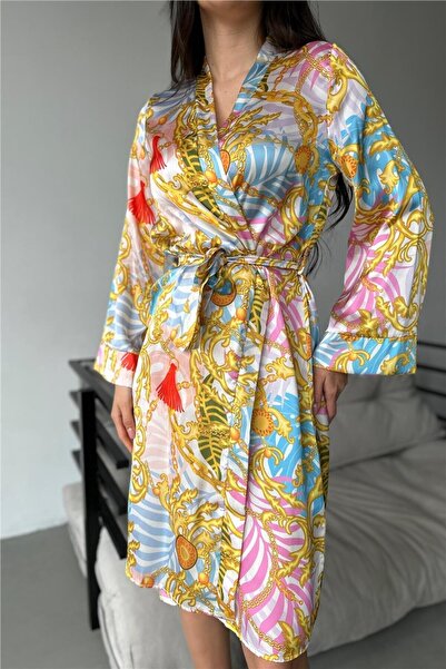 COCCOLARSI Sarı Zincirler Desen Baskılı Belden Bağlama Saten Kimono / Sabahlık