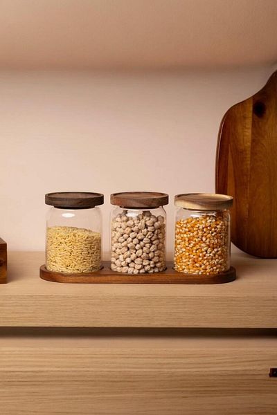 mightpera Acacia Set of 3 Glass Jars with Lids and Stand