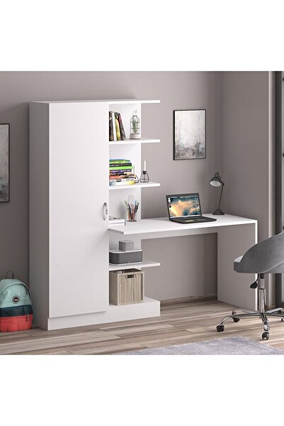 Bicabin Narin Raflı Kitaplıklı Askılıklı Dolaplı Çalışma Masası Beyaz (DOLAP SOLDA)