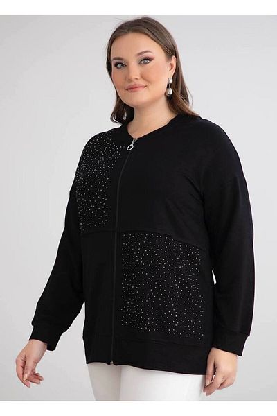FOR ESRA BIG TREND Women's Plus Size Block Stone Print Zippered Stretchy Viscose Cardigan