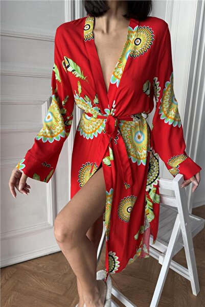 COCCOLARSI Fiori Come il Sole Kırmızı Viskon Kimono / Sabahlık