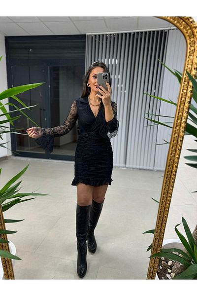 caddstore Lace Detailed Draped Black Dress