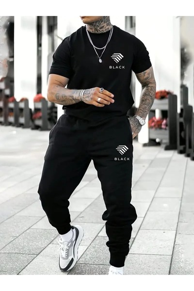 PAVRO Set de trening oversize cu imprimeu LOGO negru pentru bărbați