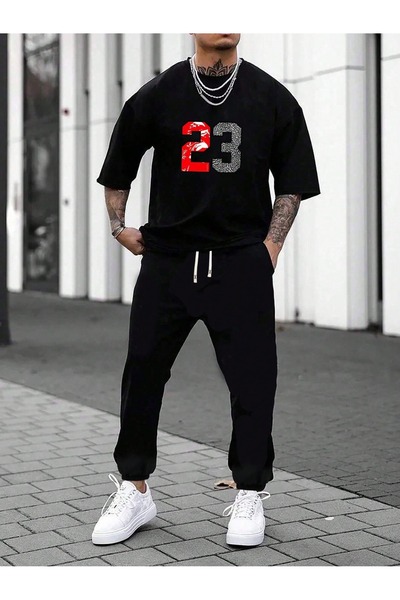 PAVRO بدلة رياضية صيفية كبيرة الحجم للرجال باللون الأسود 23 طباعة