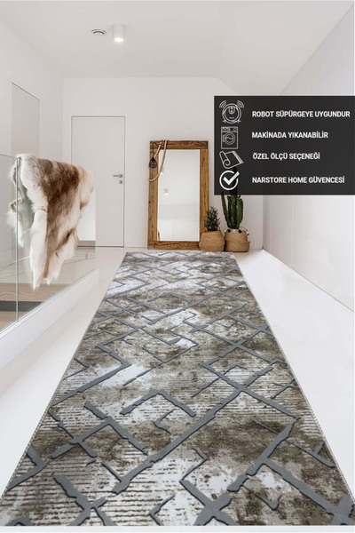 NaRStore Home Kahve Gri Kaymaz Taban Yıkanabilir Kesme Yolluk Salon Mutfak Ot...