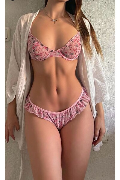 VentLingerie مجموعة حمالة صدر رومانسية مزخرفة بالزهور باللون الوردي