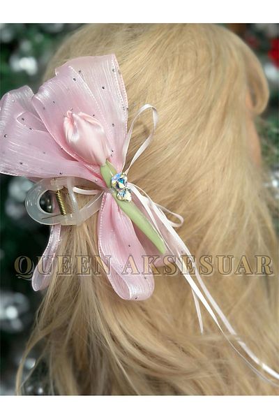 QUEEN AKSESUAR Pink Soul: Synth Fuzzy Bow Ribbon Rhinestone Clip Buckle