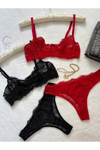 İNKO İÇ GİYİM Lace Underwire Cupless Bra Thong Set Set of 4