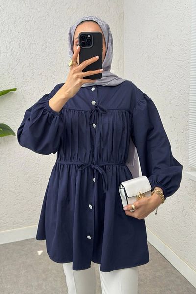 DEFNECE BOUTIQUE Navy Blue Tunic - Drawstring and Laced