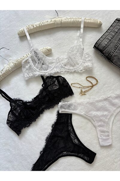 İNKO İÇ GİYİM Lace Underwire Cupless Bra Thong Set Set of 4