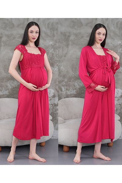 Lohussa Women's Fuchsia Lace Summer Special Design Full Length Cotton Maternity Dressing Gown Nightgown Set