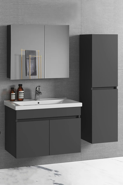 Alfa Banyo Viola2 Antrasit 65+35 cm Mdf Lavabolu Banyo Dolabı Boy Dolaplı banyo lavabo dolabı seti Hazır Kurulu
